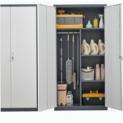 Garde-robe de grande capacité en métal gris avec tringle et compartiments, armoire verrouillable avec serrures et clés, fabrication en acier, imperméable et ignifuge, convient à la chambre à coucher, au salon et à la salle de lavage.
