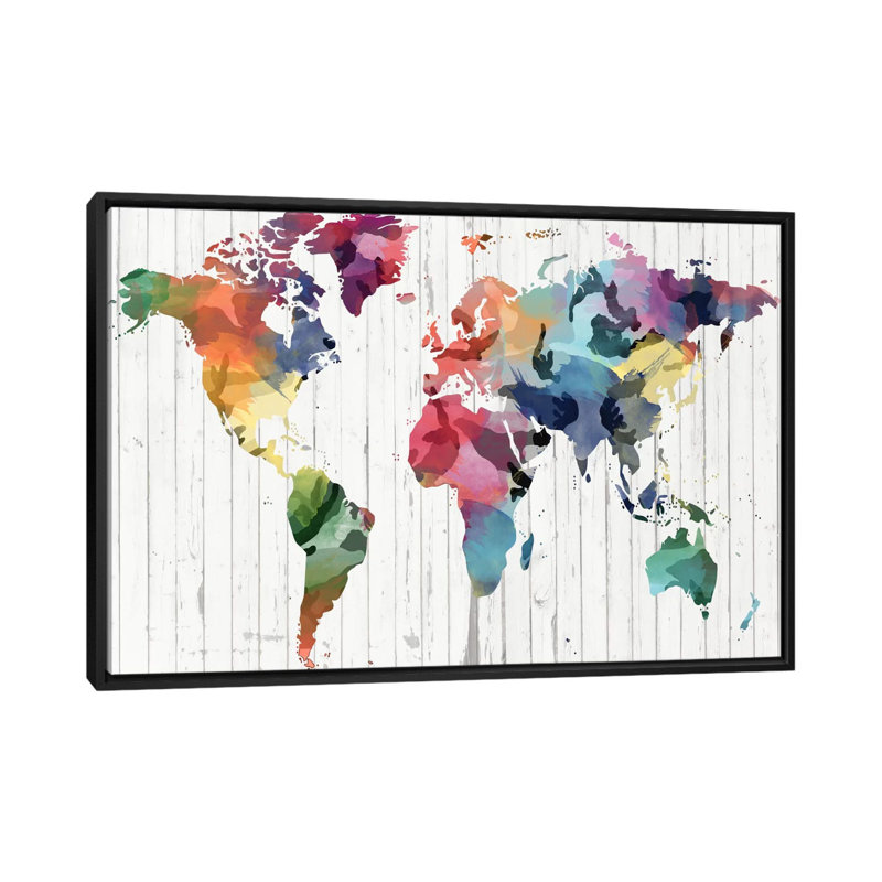 Carte du monde en aquarelle, impression sur toile tendue, H 40 po x l 60 po x P 1,5 po, Toile avec cadre noir, Pas de tapis