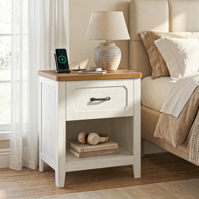 21.3'' W Nightstand with Drawer & Open Shelf Farmhouse Bedside Table with Charging Station
