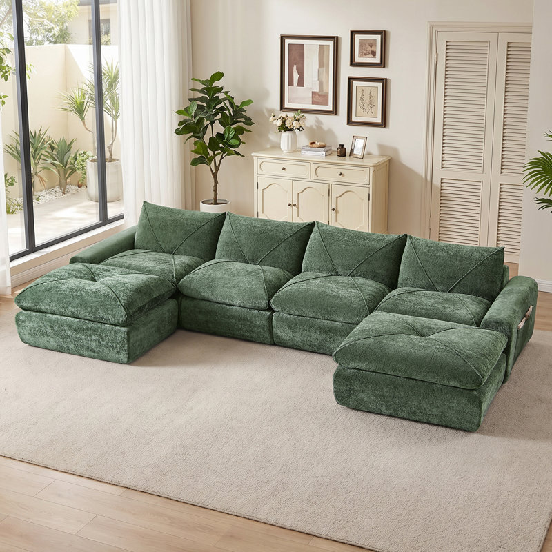 Canapés modulaires Boneless, Chenille verte, Forme en U (6 sièges)