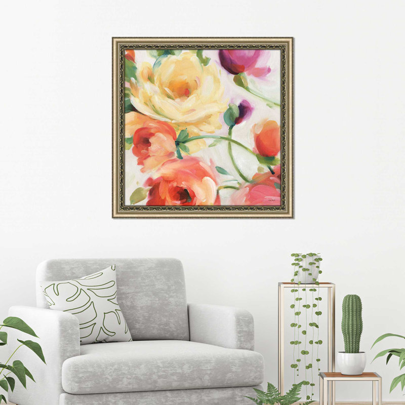 «Florabundance III», reproduction de peinture acrylique, H 21,5 po x l 21,5 po x P 0,75 po, Encadrement champagne