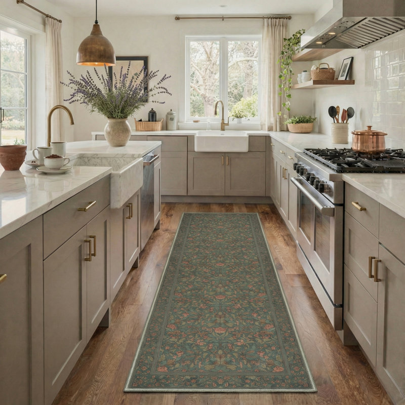 Verdant Vintage Floral Machine Washable Sage Teal Indoor Area Rug With Non-Slip Backing, Runner 2' x 7'