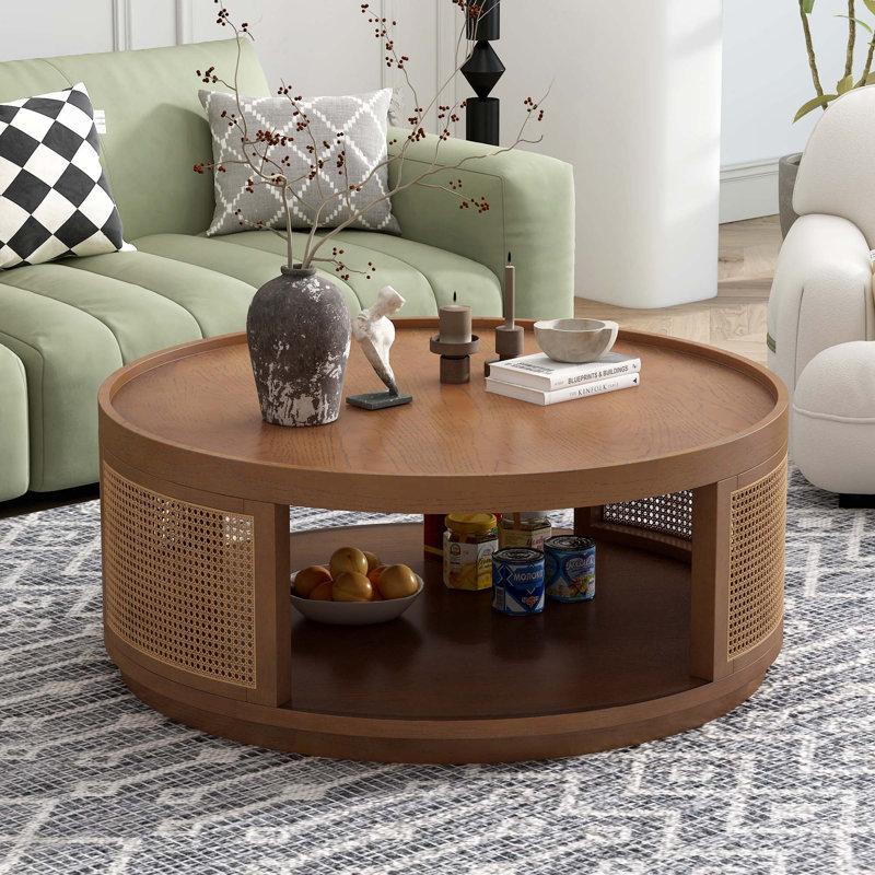 Table basse en bois de style Mid-Century moderne, table basse ronde en canne avec côté en rotin PE pour le salon