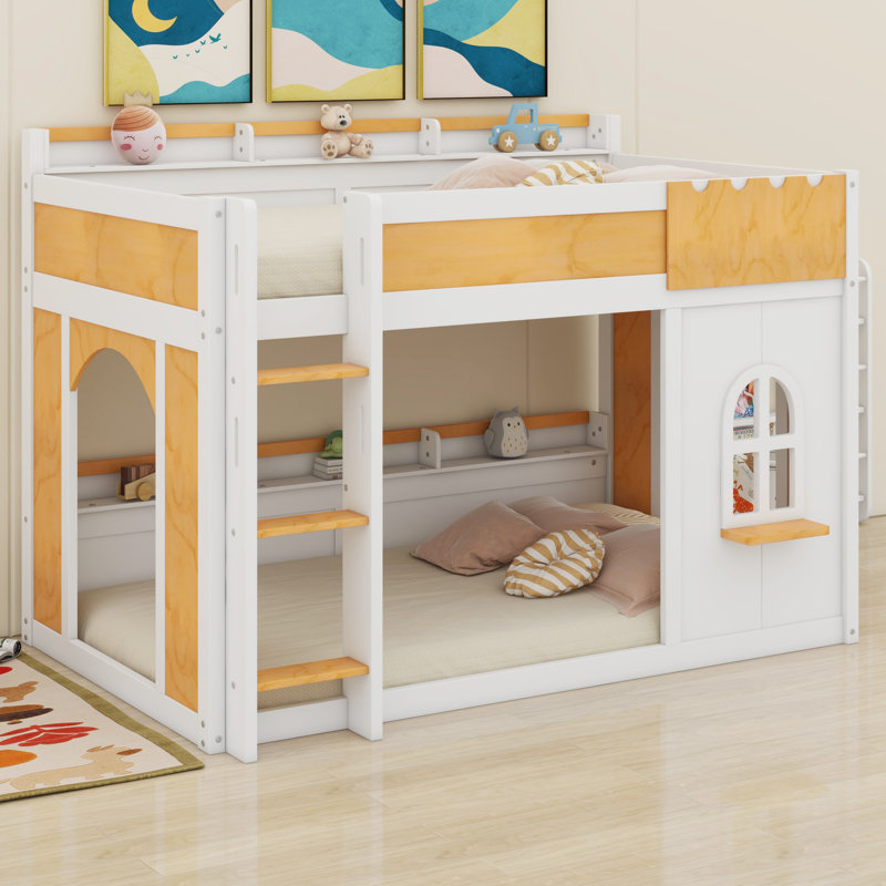 Lit superposé avec tablettes de rangement, fenêtre et deux portes, Simple sur simple
