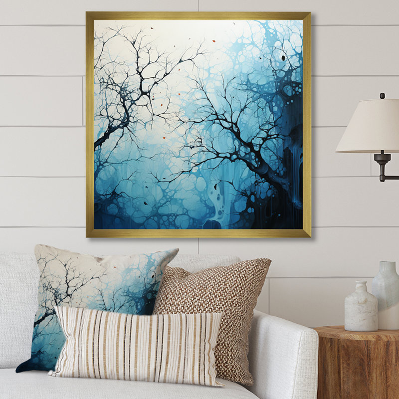 Minimalisme arbre bleu paysage V sur toile, Cadre doré simple, H 16 po x l 16 po x P 1 po