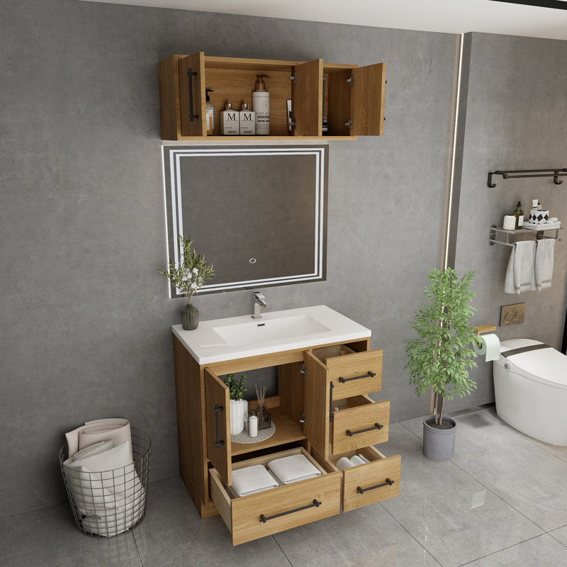 Meuble-lavabo autoportant de 36 po avec lavabo en acrylique renforcé Victoria (côté gauche) et armoire supérieure Victoria