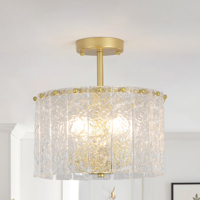 4 - Light Modern Drum Semi Flush Mount With Hammered Glass Strip