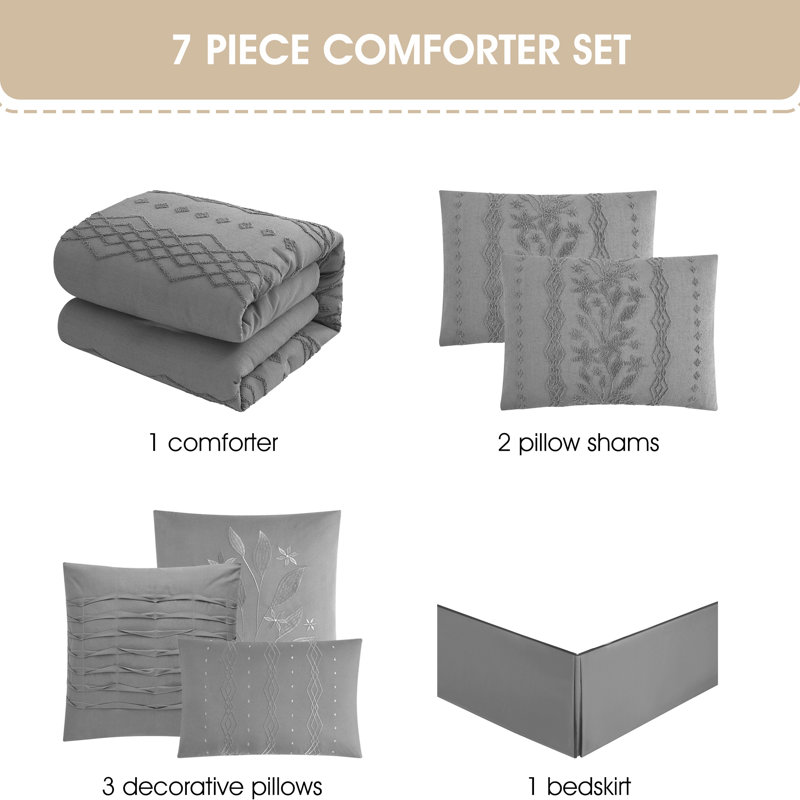 Amalthea 7 Piece Botanical Comforter Set, King Comforter + 6 Additional Pieces, Gray