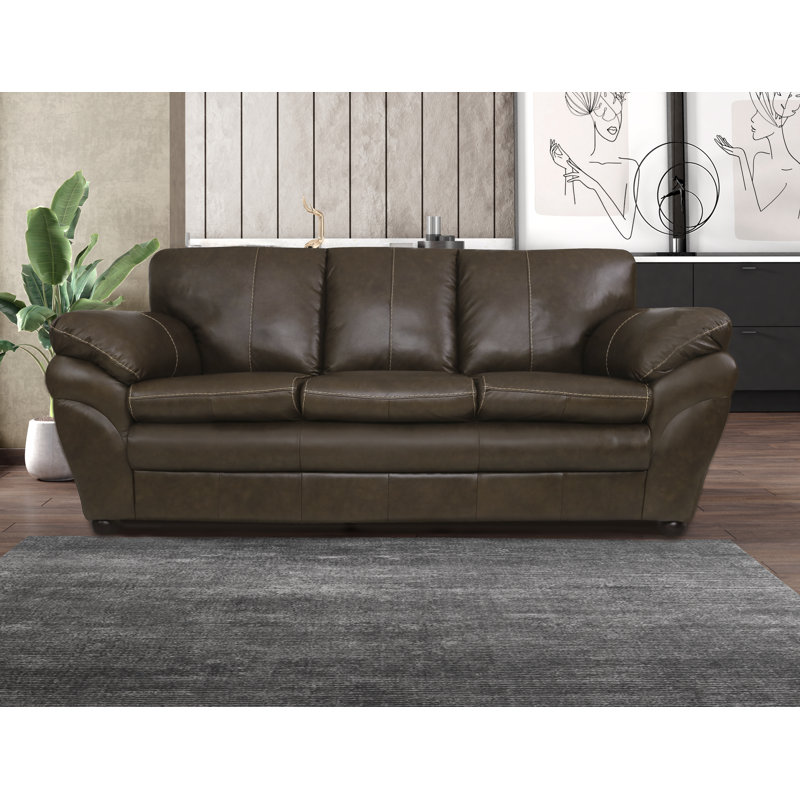 Canapé 84 po en cuir véritable avec accoudoirs coussinés, Brun foncé