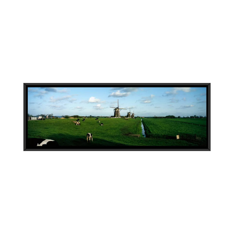 Panoramic Windmills, Pays-Bas, reproduction de photo sur toile, H 12 po x l 36 po x P 1,5 po, Toile avec cadre noir