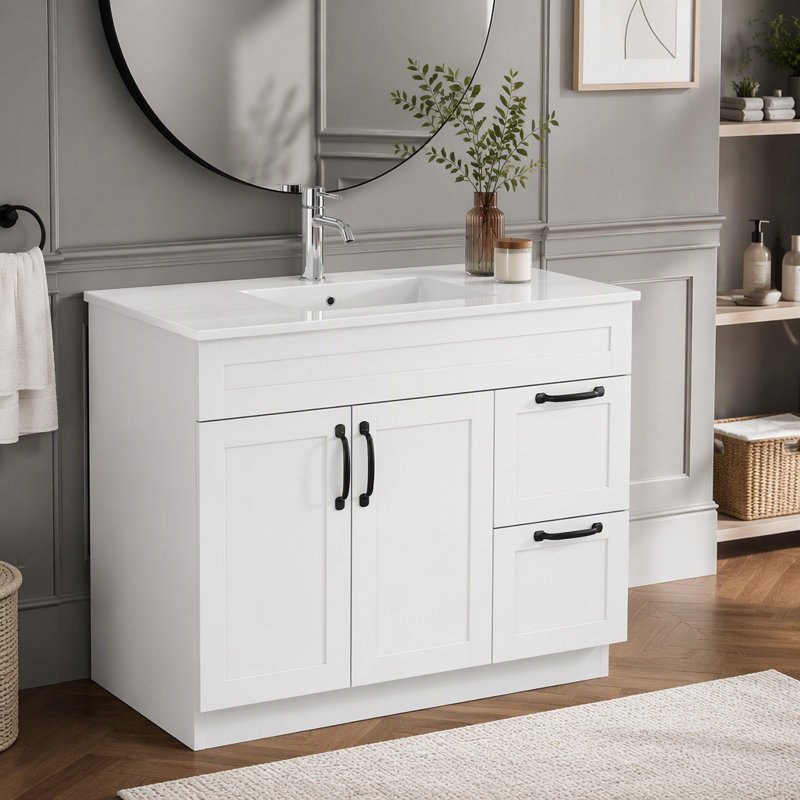 Lavabo de salle de bain en céramique blanche de 39,4 po, pour meuble-lavabo de 36 po, trou de robinet pré-percé, design minimaliste moderne, durable et facile à nettoyer