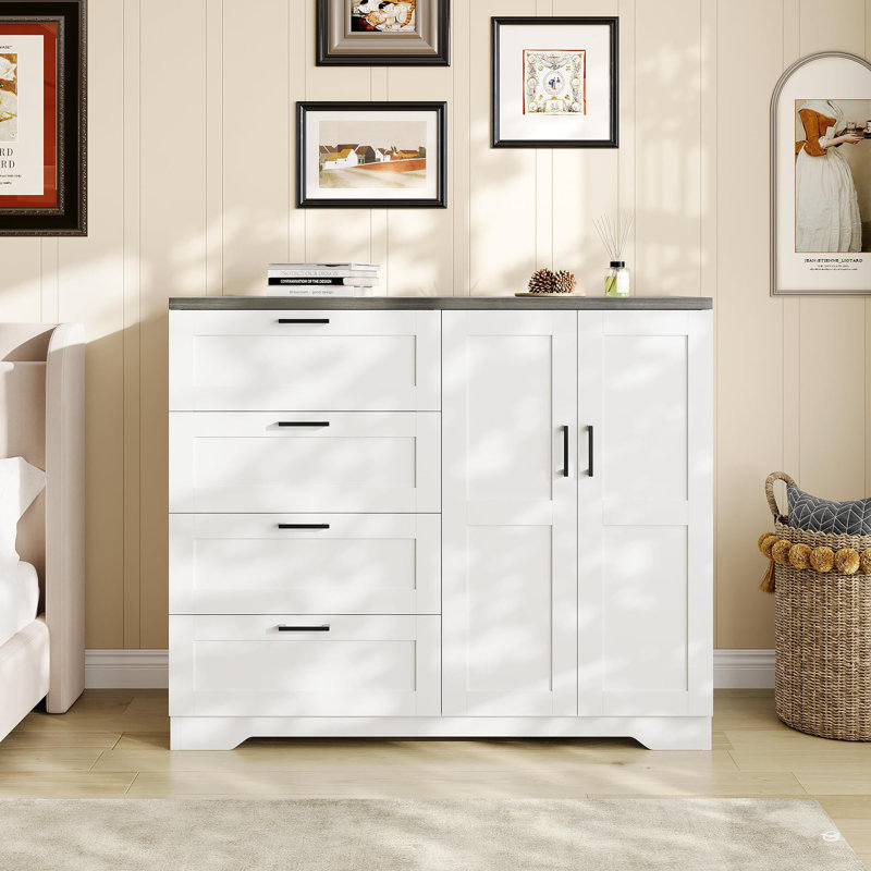 Armoire penderie en bois avec 4 tiroirs, 2 portes et tringle blanche, Blanc