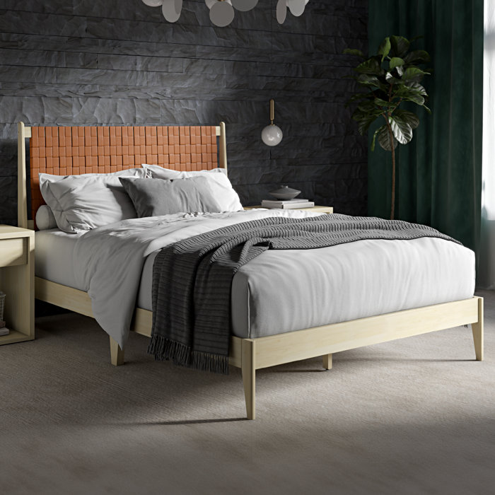  Joshua Solid Wood Woven Vegan Leather Queen Bed Frame