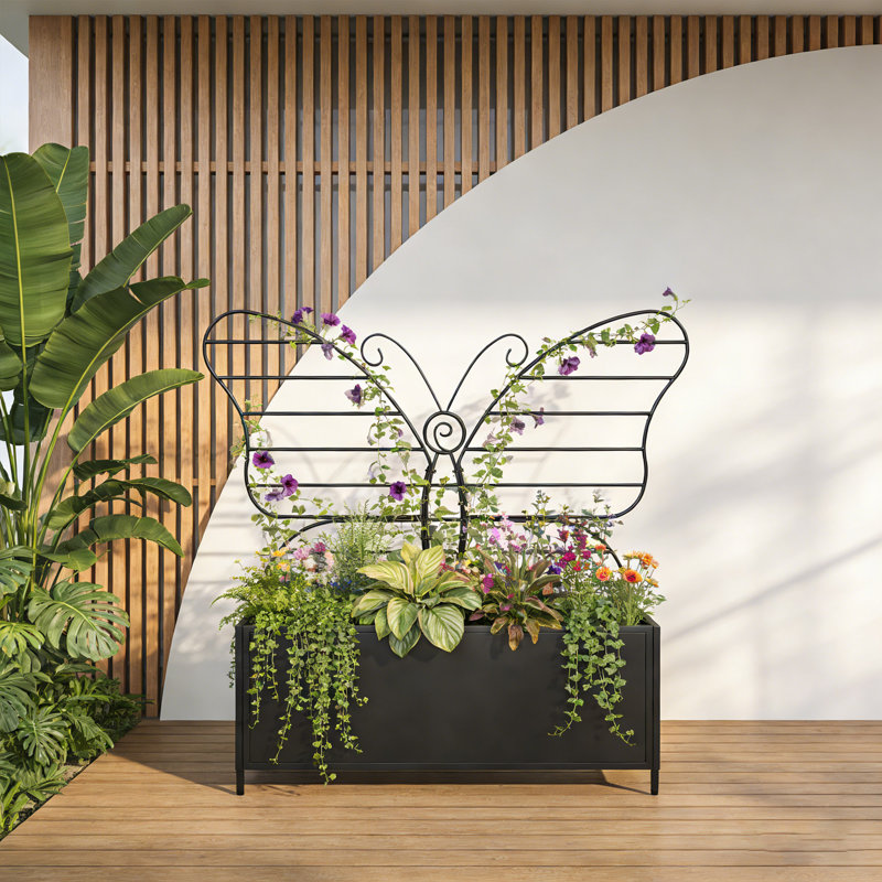 Raised Garden Bed, Elevated Metal Planter Box With Butterfly-shaped Trellis,black