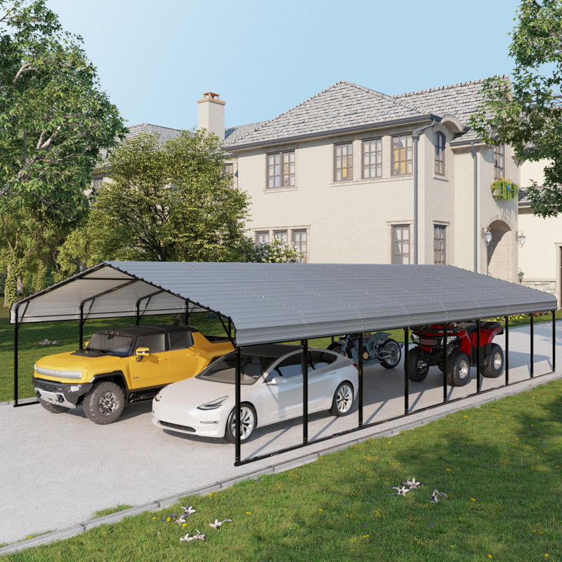 20' X40'  Heavy-duty Metal Carport, Galvanized Steel Roof & Frame All-weather Car Shelter, Easy Assembly Gray Car Shed For 4 Cars, Trucks, Boat Or Tractor