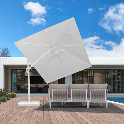  8' X 11.5' Right-left Tilt White Cantilever Umbrella with Base Patio Outdoor Swivel Umbrellas with Aluminum Tilt Offset Umbrella with 360°  Rotation for Deck Pool, White