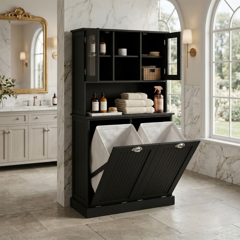 Armoire à poubelle double inclinable de 60 po de hauteur avec 2 tablettes réglables, armoire autoportante avec portes, panier à linge inclinable avec rangement