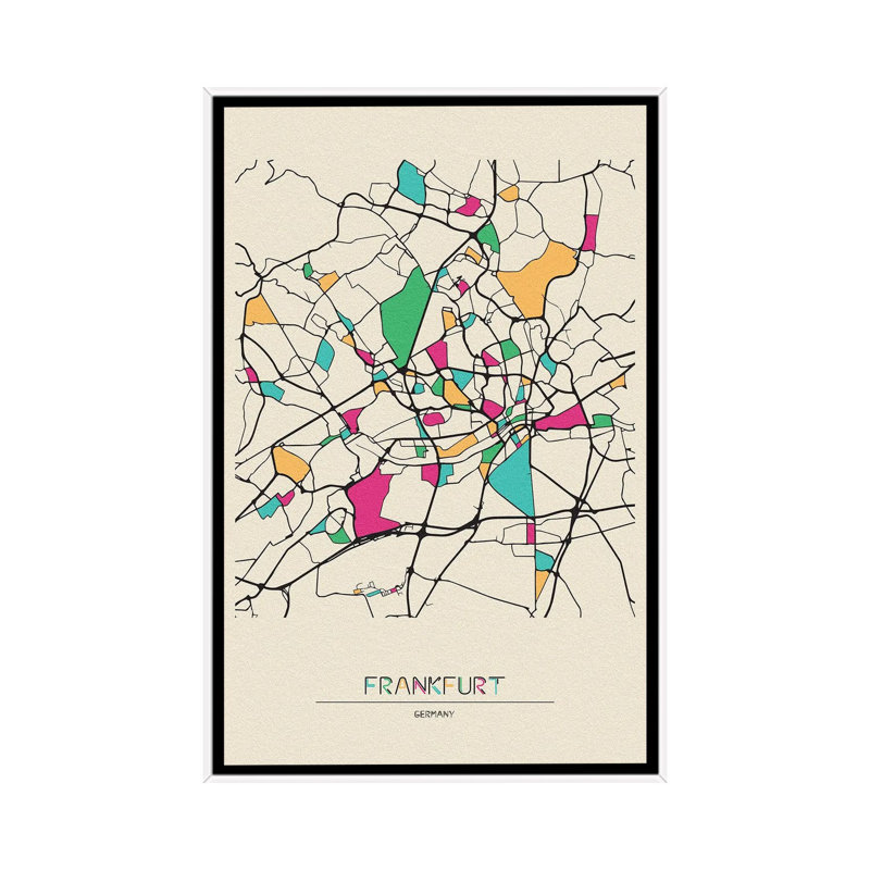 Frankfurt, Germany Map by Ayse Deniz Akerman - Floater Frame Print on Canvas, Black Floater Frame, 66.04 cm H x 45.72 cm W