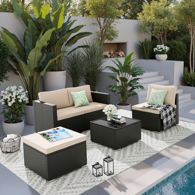 5 Pieces Patio Conversation Sets Outdoor Sectional Sofas 4-Person Seating Group With Cushions Gray, Beige, Black