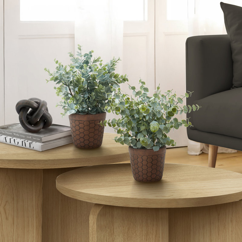 Ensemble de 2 plantes artificielles d'eucalyptus, 33 cm de hauteur, en pot, décoration de table intérieure avec pots bruns