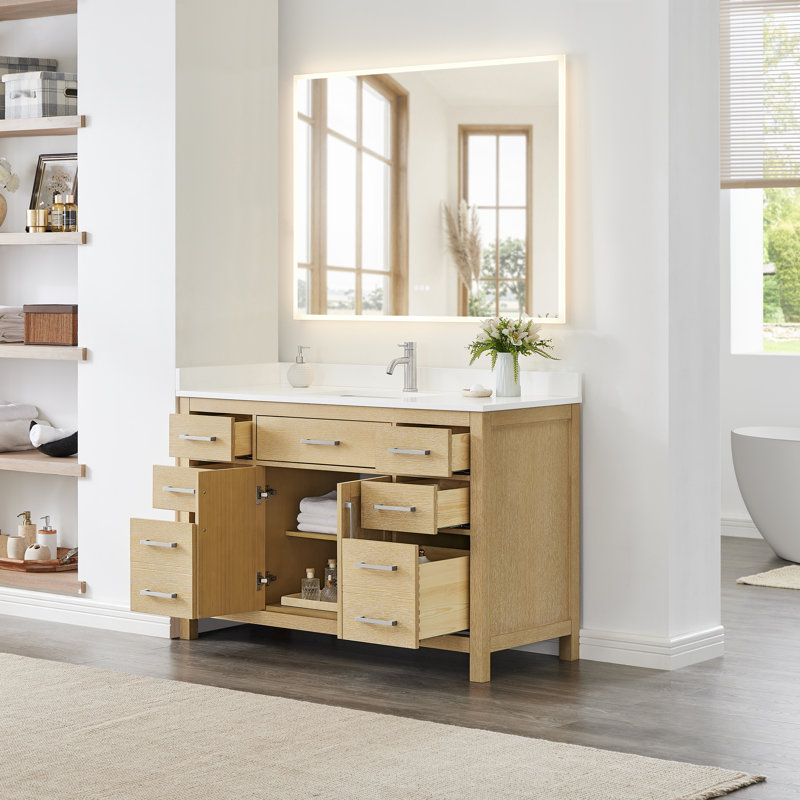 Beckett 54" Freestanding Single Bathroom Vanity with Quartz Top, Brushed Nickel, White Quartz, Whitewashed Oak
