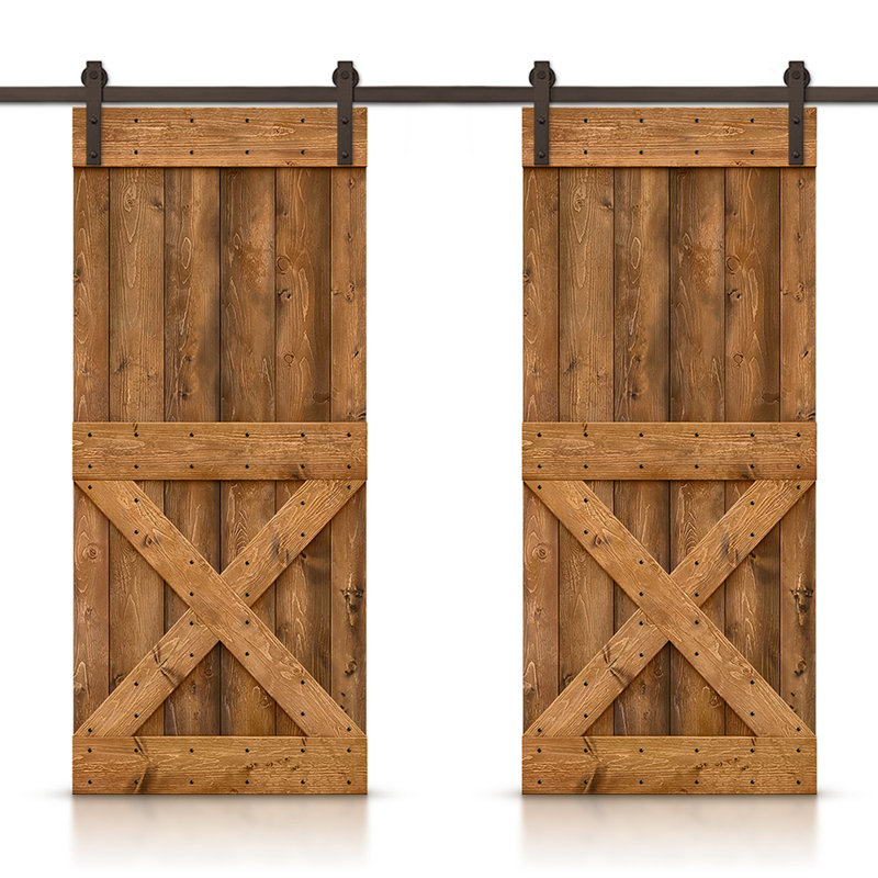 Porte de grange à panneaux et en bois avec quincaillerie d'installation, 40 po x 84 po, Brun foncé