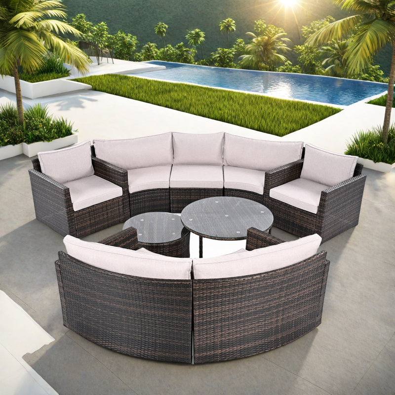 9-pieces Outdoor Half-moon Wicker Conversation Sets With 1 Nesting Coffee Table And Tempered Glass Top