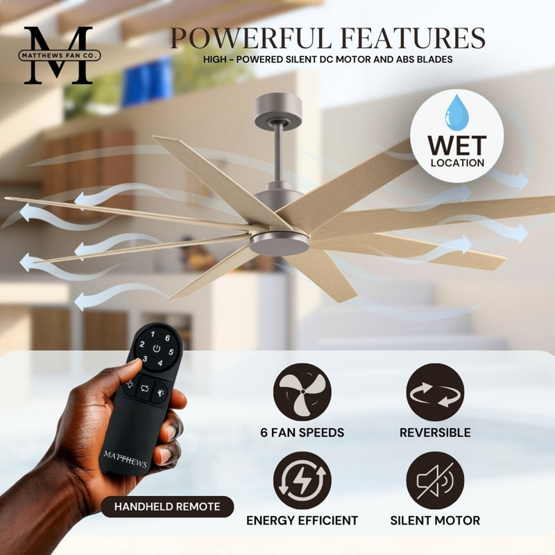 Ariella - Eight Blade Ceiling Fan - Brushed Brass Finish - Matte Black Blades, Light Maple Tone, Brushed Nickel