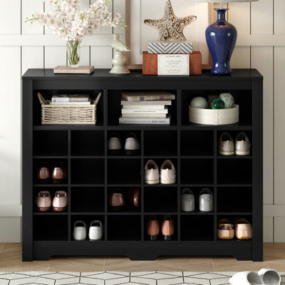 Sleek Design 24 Shoe Cubby Console, Modern Shoe Cabinet With Curved Base, Versatile Sideboard With High-Quality For Hallway, Bedroom, Living Room, Black