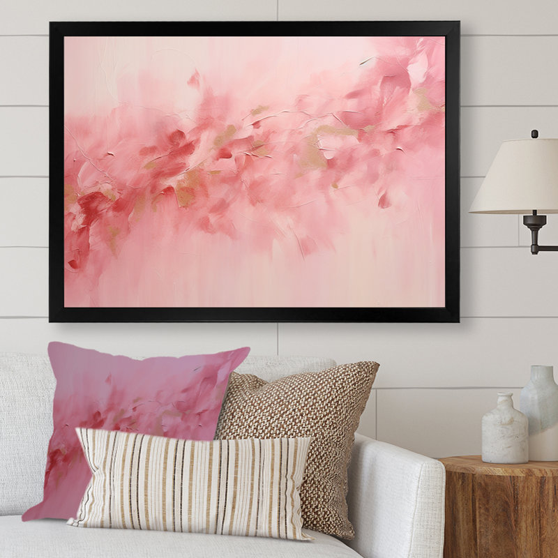 Art mural abstrait doré et rose rivière II - Fuschia, Cadre simple noir, H 30 po x l 40 po x P 1,5 po