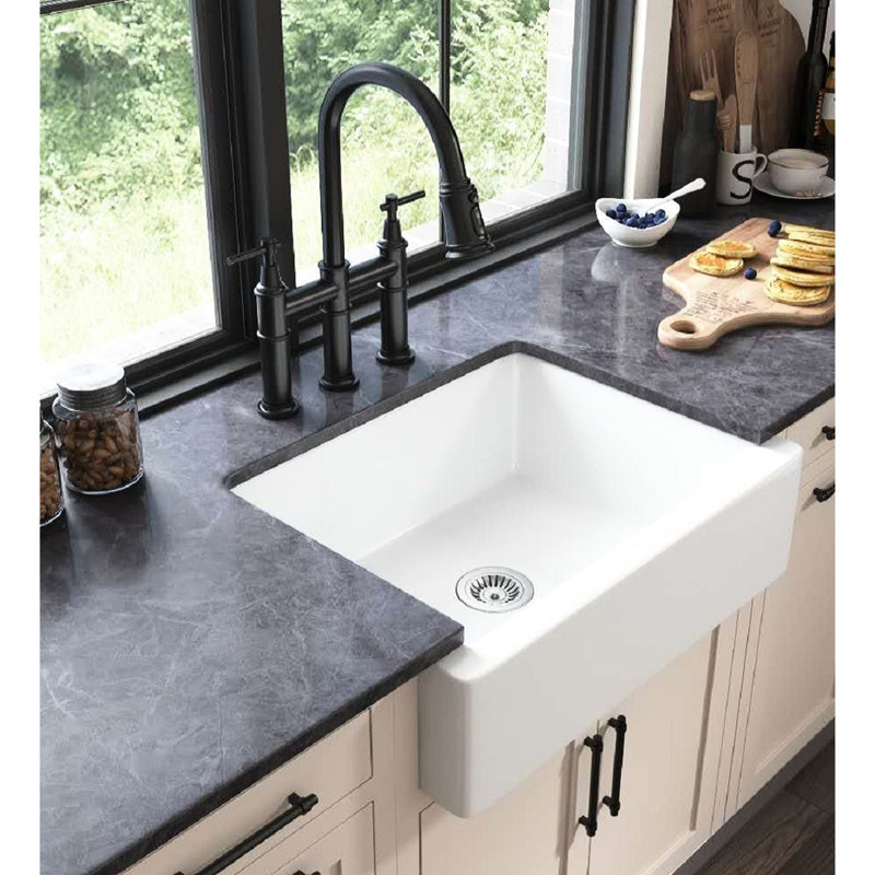 Évier de cuisine blanc, L 24 po x l 19 po, façade à tablier, céramique, bols profonds pour la vaisselle, cuisson à haute température, teinture, pots de qualité et style de vie moderne, style Scratch