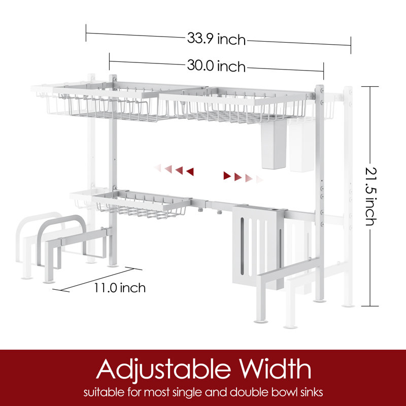 Over The Sink Dish Drying Rack - Adjustable 2 Tier Large Capacity Stainless Steel Drainer with Cutlery & Utensil Holders, Kitchen Storage & Organization, 30"-33.9" L x 11" W x 21.5" H, White