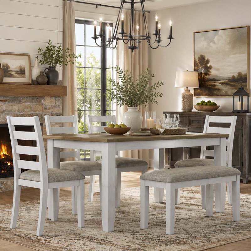 Solid Wood Top Dining Set, Brown+Whitewash / Whitewash, Brown+Whitewash