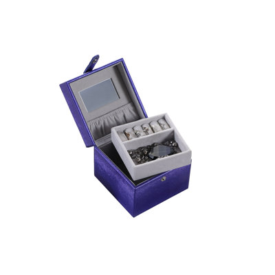 Azure Blue Leatherette Travel Jewelry Case with Mirror and Pull-Out Tray, 4-Inch Square