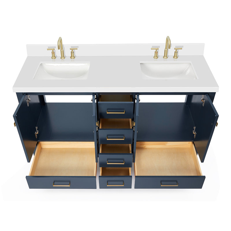 Ensemble de meuble-lavabo double 61 ", Bleu minuit / laiton satiné, Rectangular