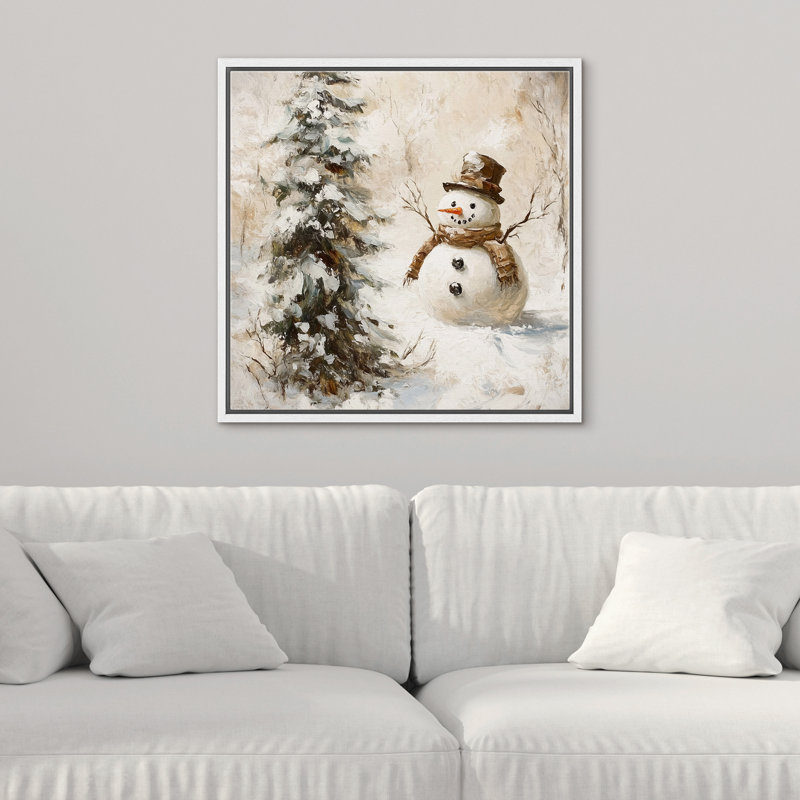 Impression sur toile, bonhomme de neige avec arbre de Noël en hiver, H 24 po x l 24 po, Cadre flottant blanc