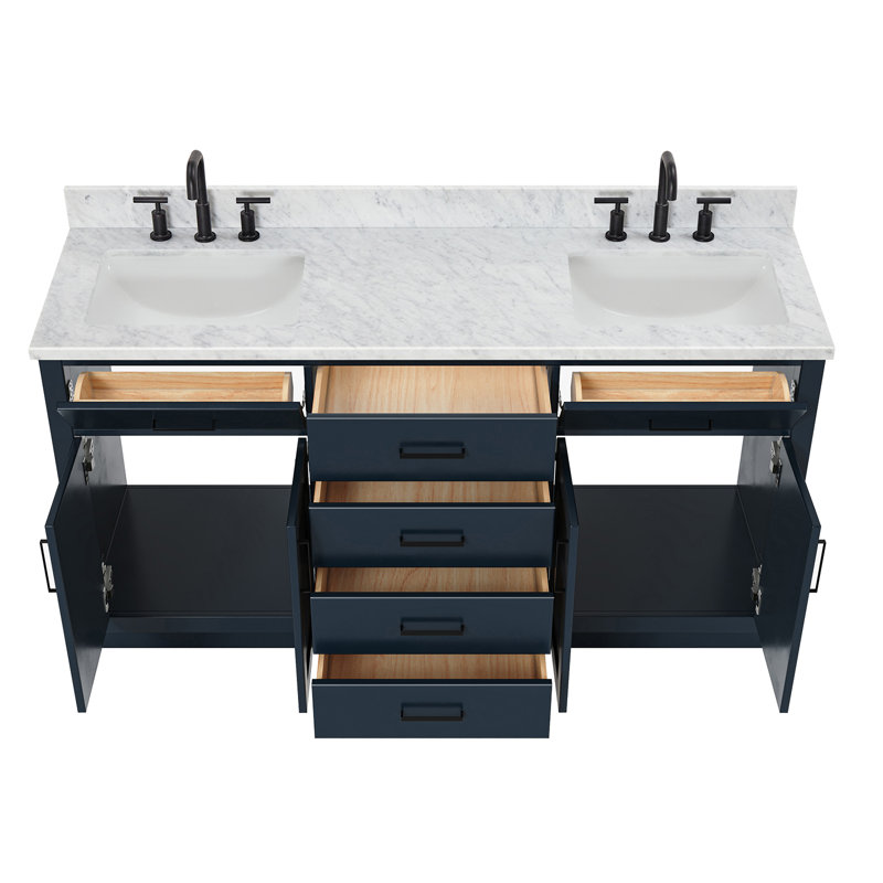 Tidworth Solid Wood Double Bathroom Vanity with 1.5' Carrara Marble Top, Forme rectangulaire, Bleu minuit, Laiton