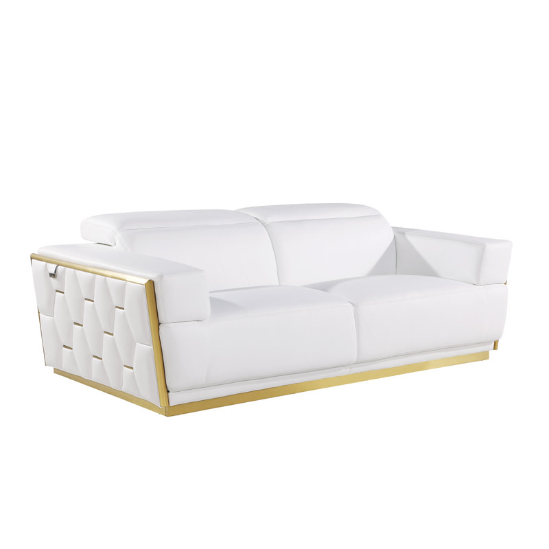 Canapé en cuir italien Sylvian, Blanc, Doré