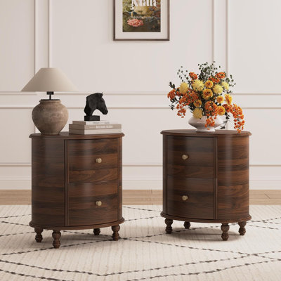 2-Piece Solid Wood Oval Nightstands Set, Modern 2-Drawer Bedside Nightstands for Bedroom & Living Room