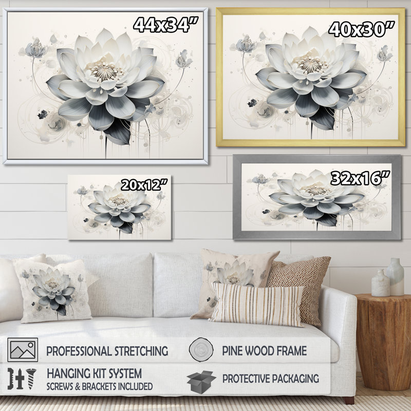 Serenity Blossum Blue Lotus sur toile, Cadre flottant doré, H 12 po x l 20 po x P 1 po