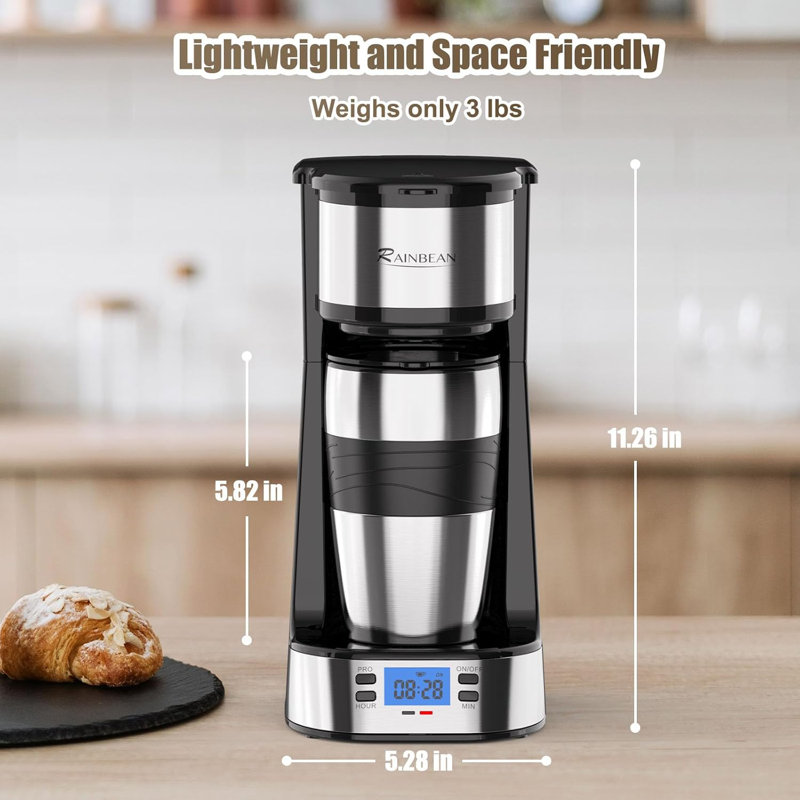 Cafetière à portion unique RAINBEAN, programmable, démarrage / arrêt automatique avec minuterie, 14 oz, infusion rapide 700 W, noir