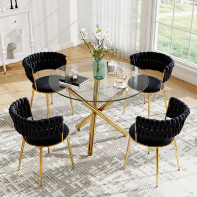 Modern Round Tempered Glass Pedestal Dining Set with Weaven Velvet Dininig Chair