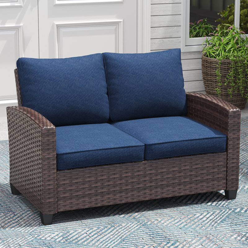 Outdoor Hand-Woven Wicker Patio Loveseat, Brown, Navy
