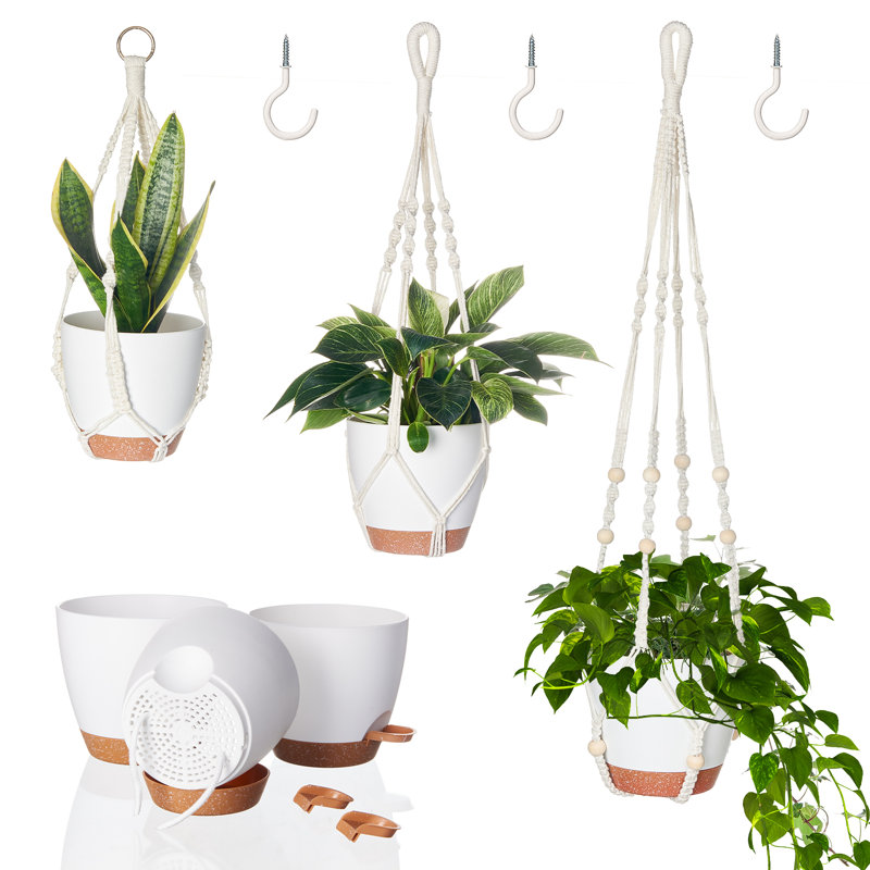 3-Pack Macrame Plant Hangers + Self-Watering Pots, Indoor-Outdoor Ceiling Holders for Home Garden Balcony Decor