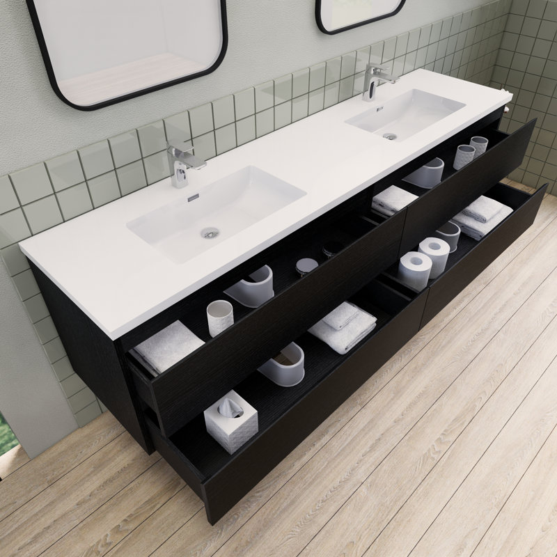 Alfret Ivy Bronx 84" Double Sink Bathroom Vanity Set, Black Wood