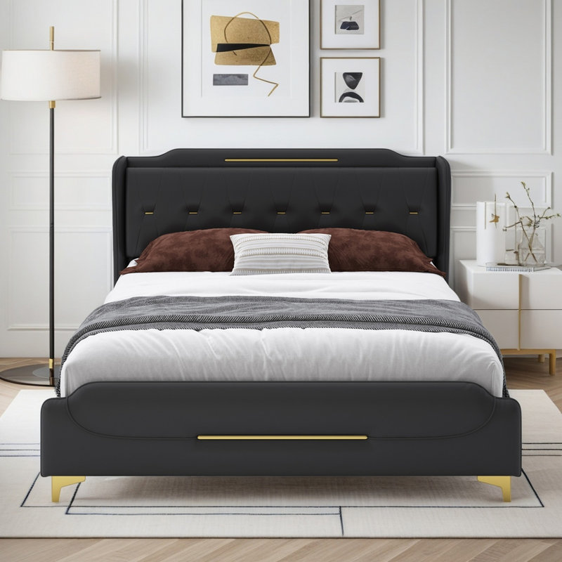 Queen Size Leather Bed Frame With Wingback Headboard & Footboard, PU Upholstered Platform Bed, Solid Wooden Slats Support, Easy Assembly