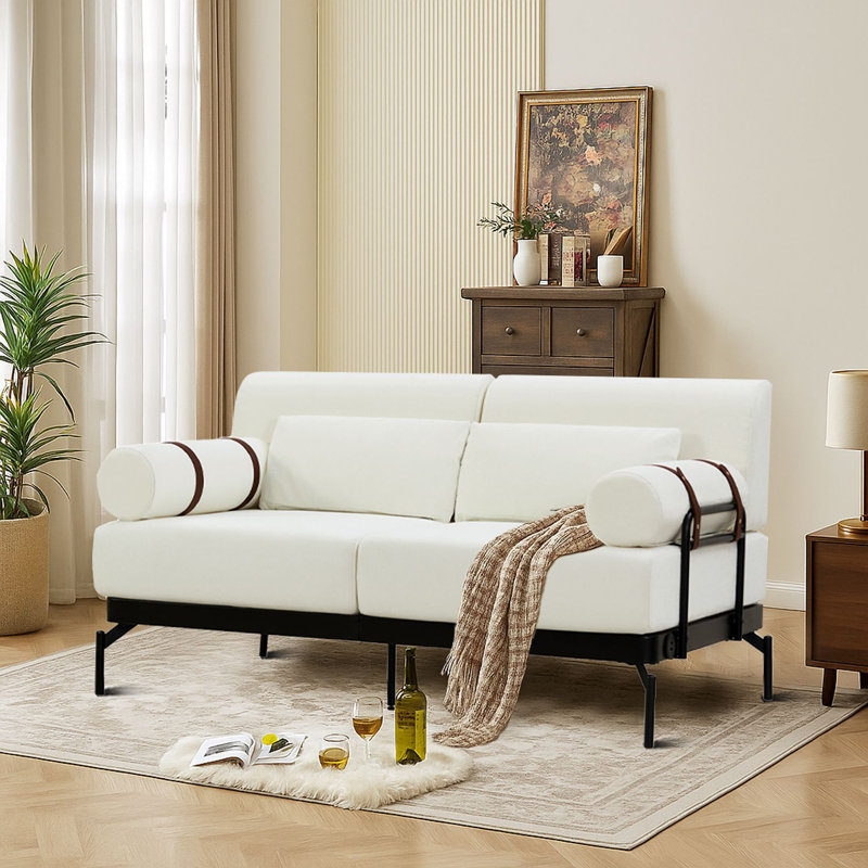 Canapé-lit moderne rembourré avec ports USB, sangles en similicuir et assise profonde, Beige