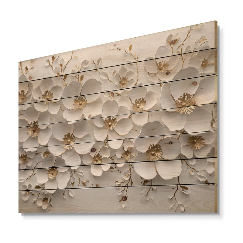 Wildflowers Golden Creamy Blossoms In The Wild IV - Wildflowers Wood Wall Decor On Natural Pine Wood, 34" H x 44" W x 0.78" D
