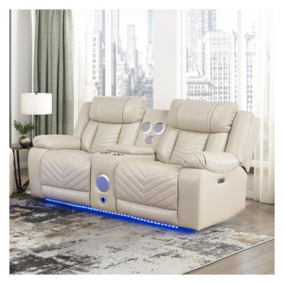 Beige Power Reclining Loveseat with Centre Console, LED Lighting, and USB Charging Ports in Premium Faux Leather