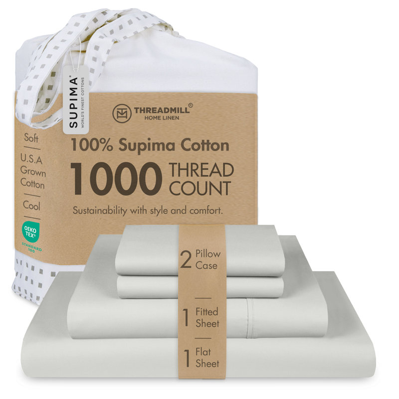 Threadmill 1000 Thread Count 100% Supima Cotton Sheet Set in Sateen Weave, Light Grey, Queen Sheet Set with 2 Pillowcases